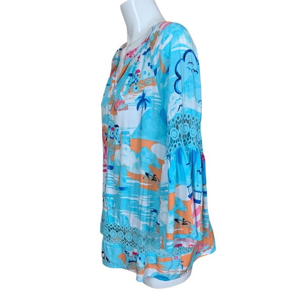 Crown & Ivy Belk Beach Print 3/4 Juliet Sleeves Crochet Inset Rayon Blouse XL - Picture 5 of 11